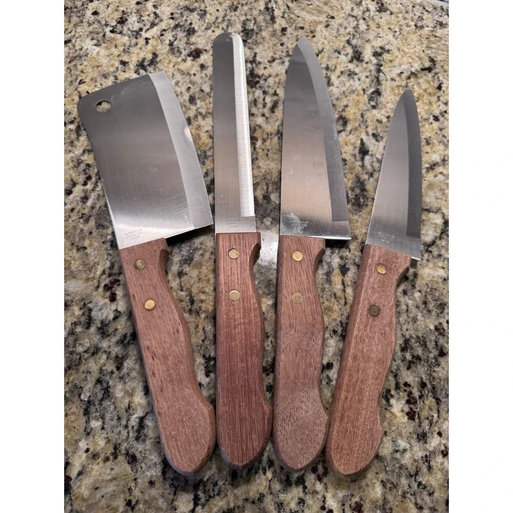 Vintage Interpur Chef’s Delight Japan Stainless 4pc Knife Set Wood Handle Cleave
